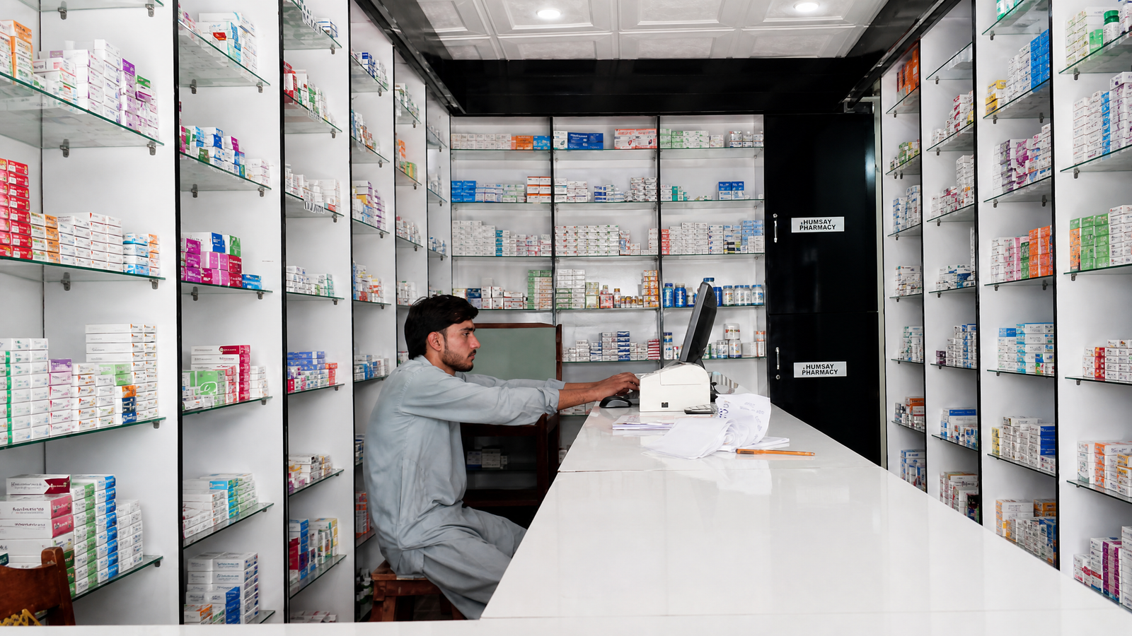 Humsay Pharmacy interior with medicine shelves