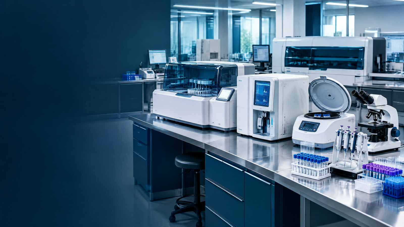 Modern laboratory with diagnostic analyzers and clinical equipment